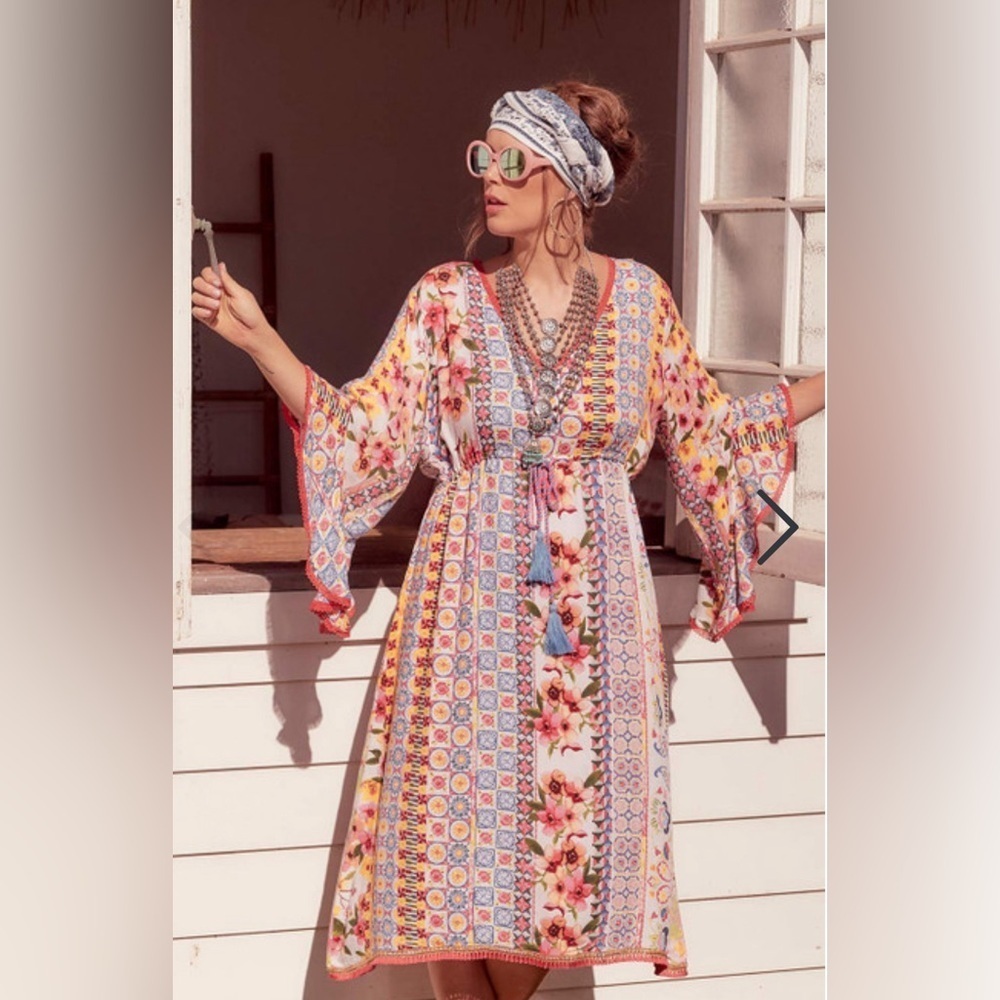 NAUDIC Maxi Bohemian Sundress with Flutter Sleeves 100% Viscose EUC - Picture 10 of 13